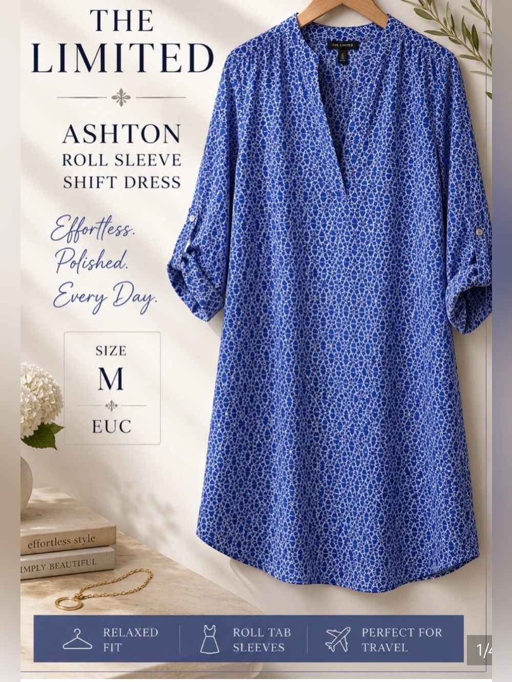 Like new The Limited Ashton Roll Sleeve Shift Dress Blue Medallion Print Size M